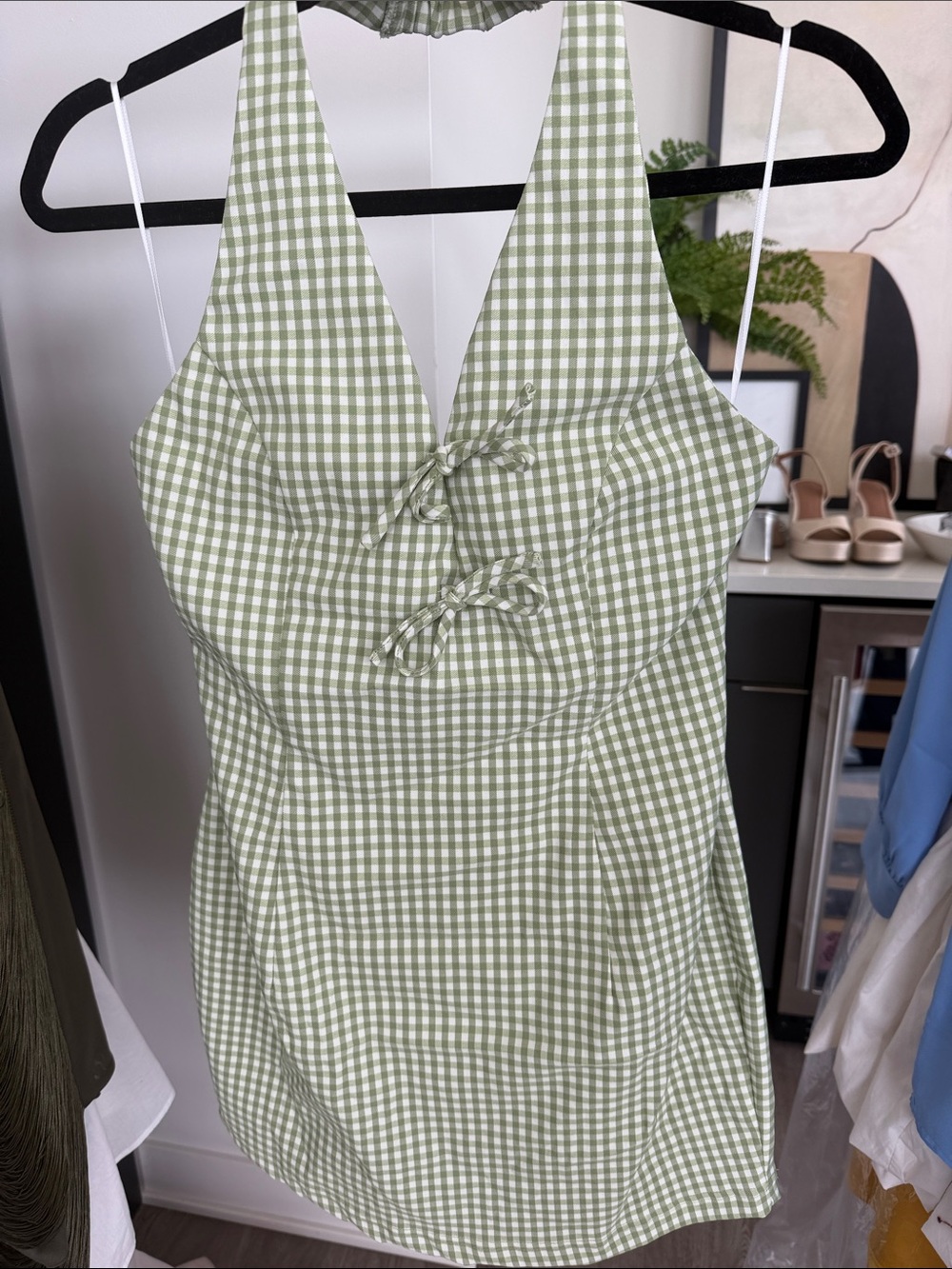 Green Gingham Halter Mini Dress